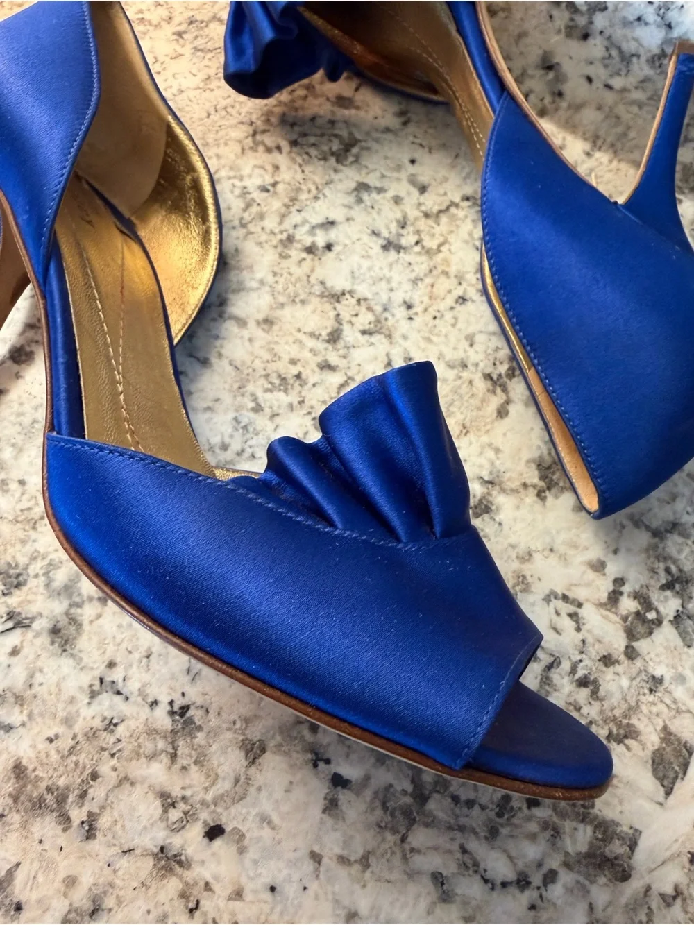 kate spade cobalt blue satin peep-toe heels with ruffle wedding royal prom event